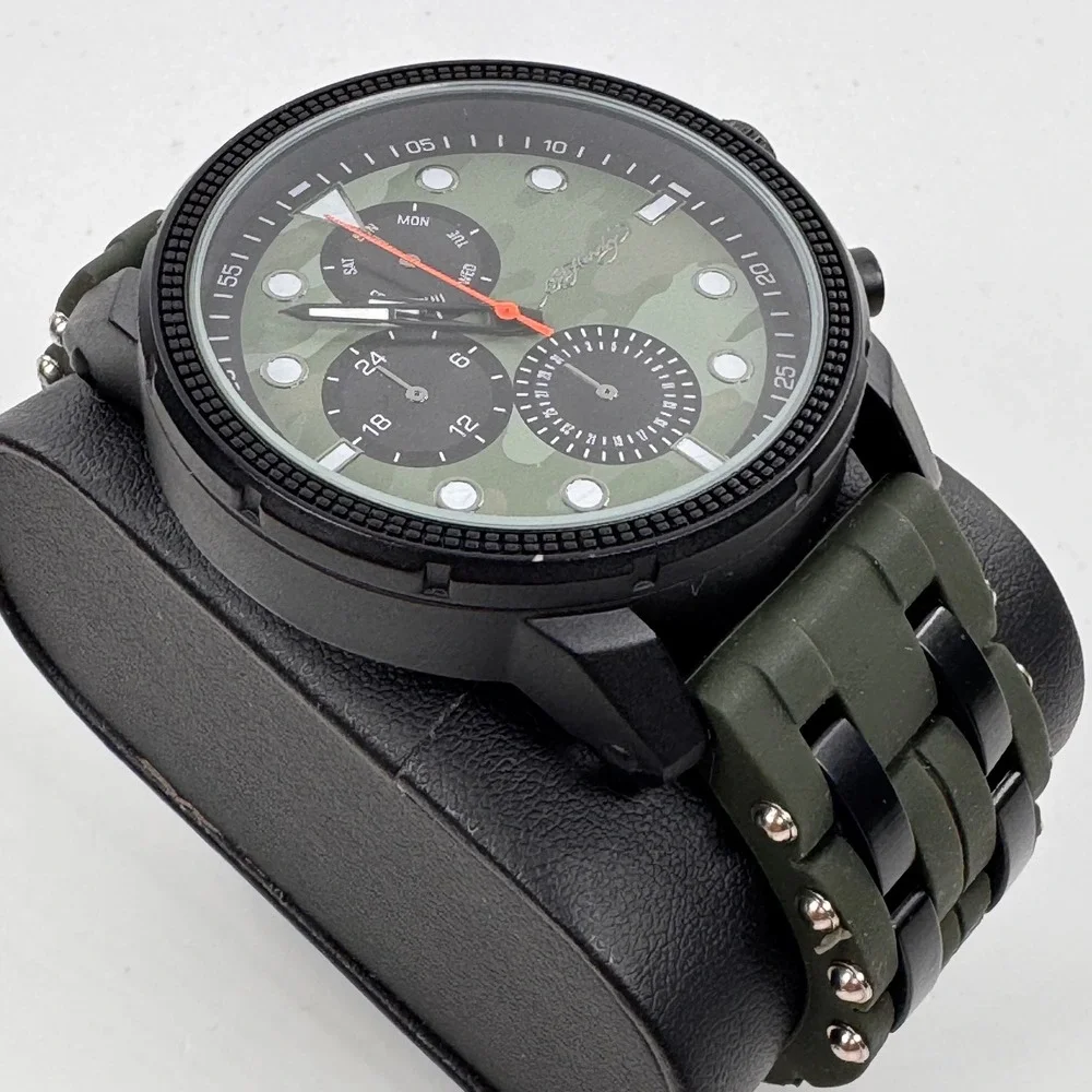 Ed Hardy Mens Camouflage Dial Watch Black Case Green Studded Silicone Band 50444